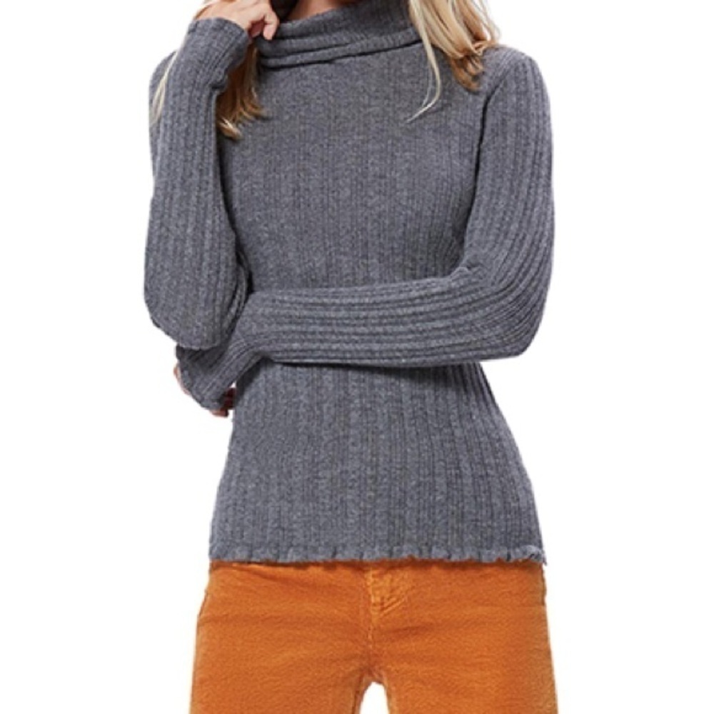 Paige Grey 100% Cashmere Turtleneck Sweater Wide Ribbing Lettuce Hem/Cuffs Sz S